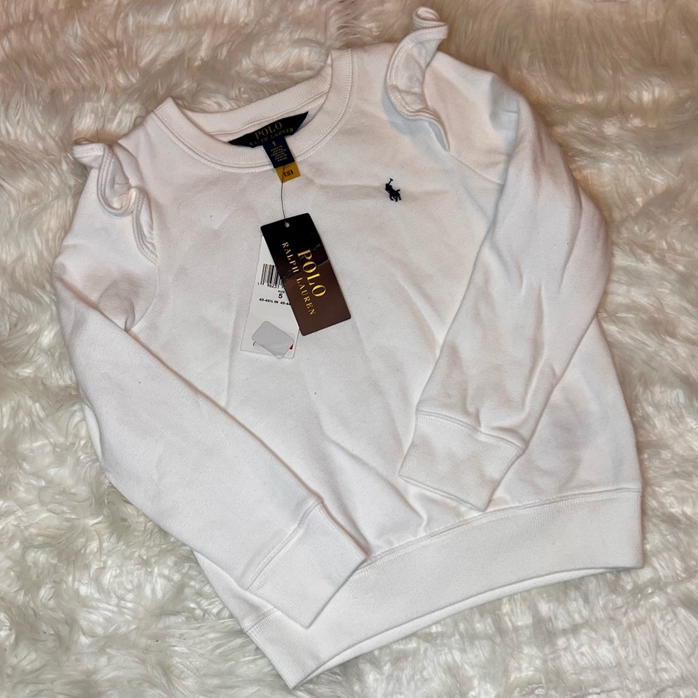 NWT Toddler Girl Size 5 Polo Ralph Lauren White Sweatshirt W/Navy Logo